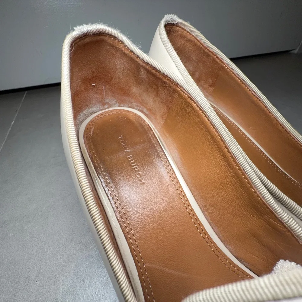 Tory Burch Everly Loafers 8M Cream Leather Block Heel Croc Double T Professional
